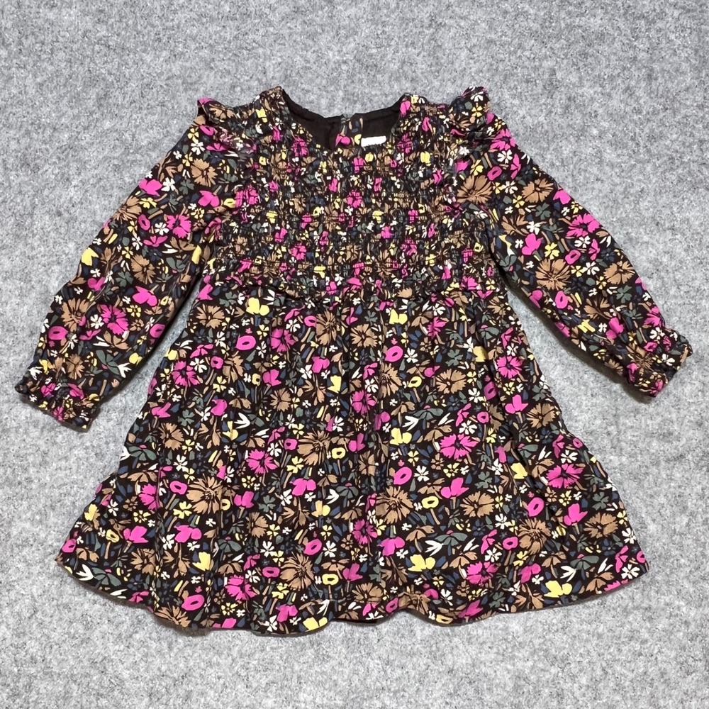 Baby GAP Girls Floral Smocked Long Sleeve Cotton Dress Brown Pink 18-24 Months